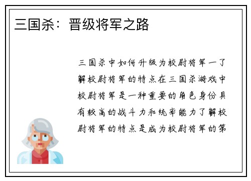 三国杀：晋级将军之路