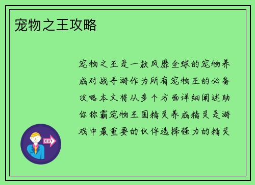 宠物之王攻略
